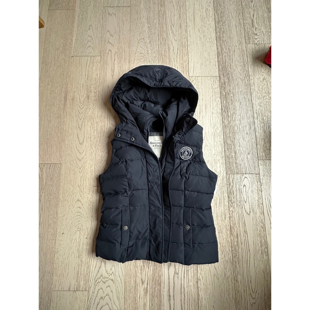 Abercrombie & Fitch Womens Black Hooded Puffer Vest Small Pockets Logo Patch